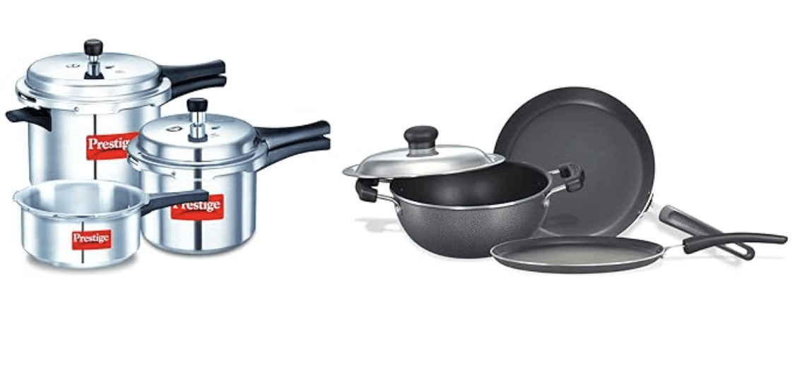 Prestige Popular Max 5 + 3 + 2 Litre Outer Lid Pressure Cooker Combo Pack, 2 Lids, Silver, Large (11791) & Prestige Omega Select Plus Residue Free Non-Stick Kitchen Set, 3-Pieces, black/Silver
