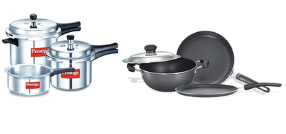Prestige Popular Max 5 + 3 + 2 Litre Outer Lid Pressure Cooker Combo Pack, 2 Lids, Silver, Large (11791) & Prestige Omega Select Plus Residue Free Non-Stick Kitchen Set, 3-Pieces, black/Silver