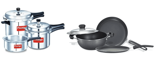 Prestige Popular Max 5 + 3 + 2 Litre Outer Lid Pressure Cooker Combo Pack, 2 Lids, Silver, Large (11791) & Prestige Omega Select Plus Residue Free Non-Stick Kitchen Set, 3-Pieces, black/Silver