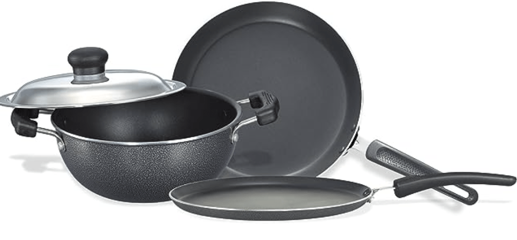 Prestige Popular Max 5 + 3 + 2 Litre Outer Lid Pressure Cooker Combo Pack, 2 Lids, Silver, Large (11791) & Prestige Omega Select Plus Residue Free Non-Stick Kitchen Set, 3-Pieces, black/Silver