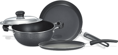 Prestige Popular Max 5 + 3 + 2 Litre Outer Lid Pressure Cooker Combo Pack, 2 Lids, Silver, Large (11791) & Prestige Omega Select Plus Residue Free Non-Stick Kitchen Set, 3-Pieces, black/Silver