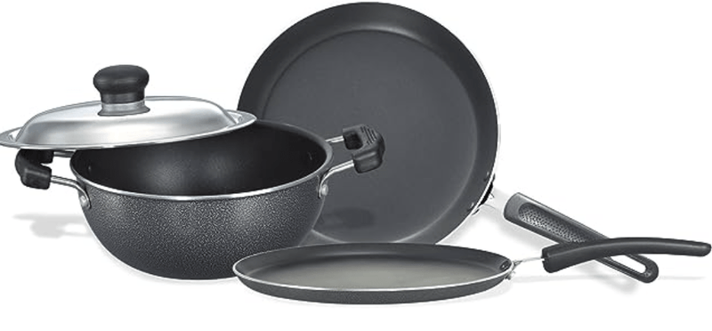 Prestige Popular Max 5 + 3 + 2 Litre Outer Lid Pressure Cooker Combo Pack, 2 Lids, Silver, Large (11791) & Prestige Omega Select Plus Residue Free Non-Stick Kitchen Set, 3-Pieces, black/Silver-2