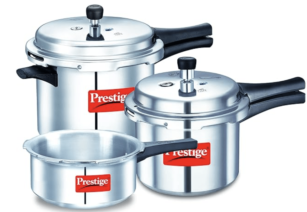 Prestige Popular Max 5 + 3 + 2 Litre Outer Lid Pressure Cooker Combo Pack, 2 Lids, Silver, Large (11791) & Prestige Omega Select Plus Residue Free Non-Stick Kitchen Set, 3-Pieces, black/Silver