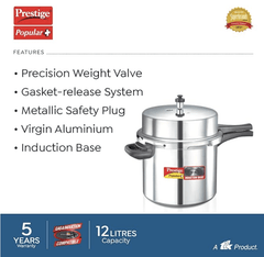 Prestige Popular Plus Induction Base Pressure Cooker, 12 Litres, Outer Lid, Silver, Aluminium, 12 Liter-2