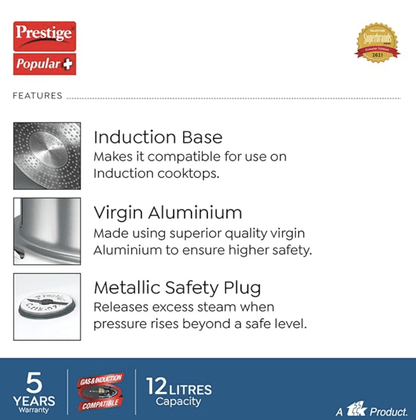 Prestige Popular Plus Induction Base Pressure Cooker, 12 Litres, Outer Lid, Silver, Aluminium, 12 Liter