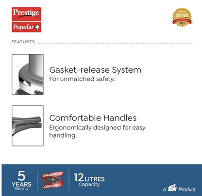 Prestige Popular Plus Induction Base Pressure Cooker, 12 Litres, Outer Lid, Silver, Aluminium, 12 Liter