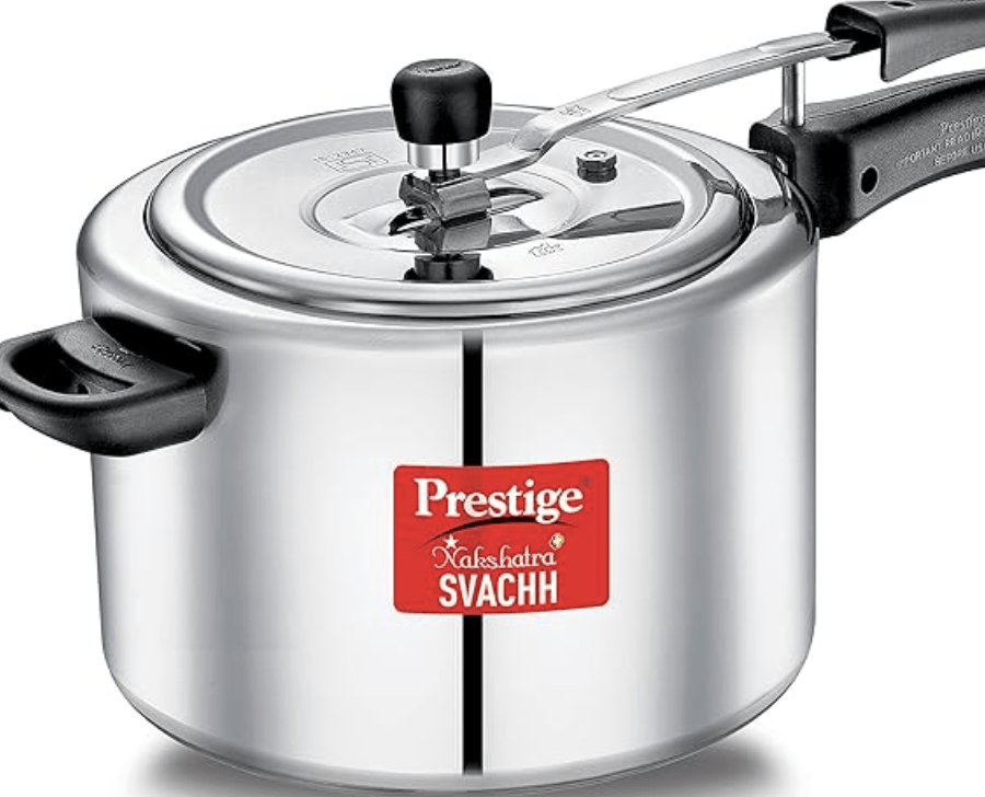 Prestige Nakshatra Plus Svachh Aluminium Inner Lid Pressure Cooker with Unique Deep Lid for Spillage Control, 8 Litre, Silver