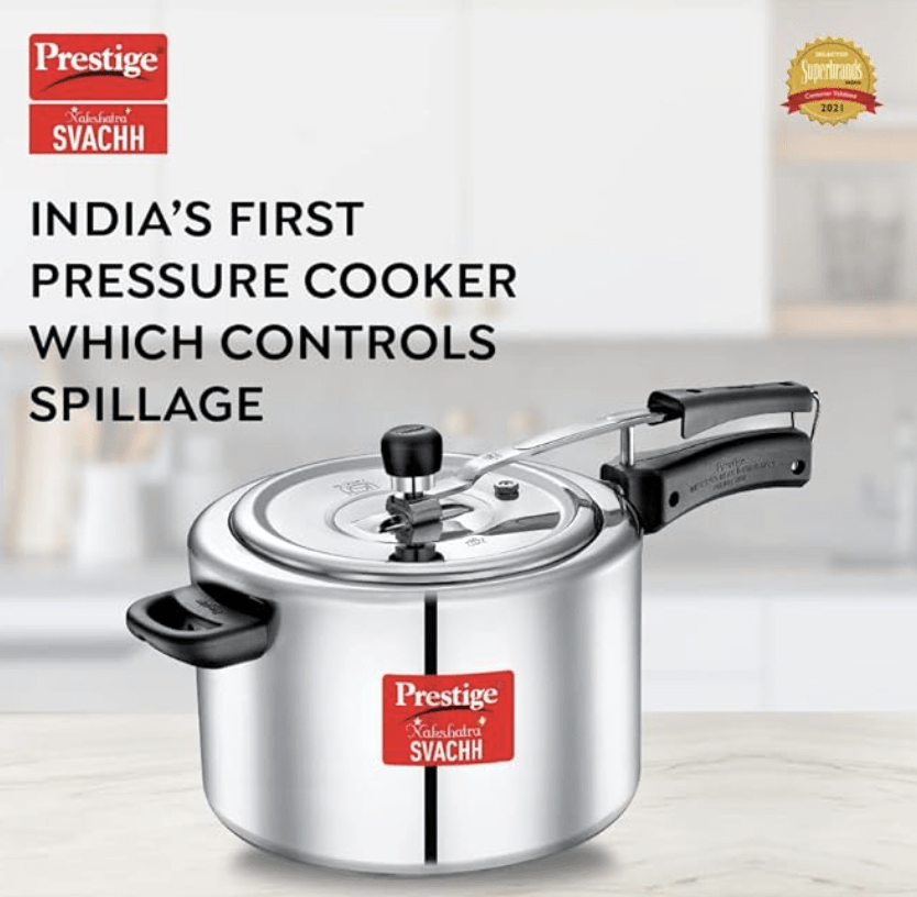 Prestige Nakshatra Plus Svachh Aluminium Inner Lid Pressure Cooker with Unique Deep Lid for Spillage Control, 8 Litre, Silver
