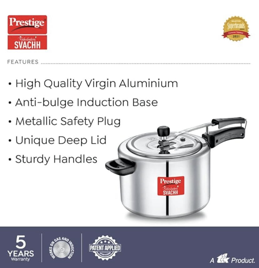 Prestige Nakshatra Plus Svachh Aluminium Inner Lid Pressure Cooker with Unique Deep Lid for Spillage Control, 8 Litre, Silver
