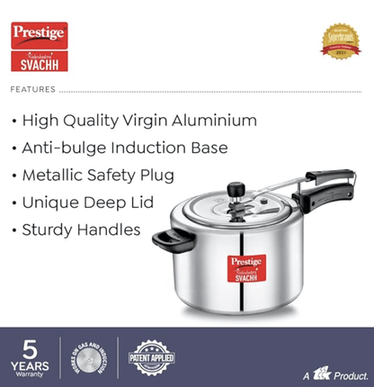 Prestige Nakshatra Plus Svachh Aluminium Inner Lid Pressure Cooker with Unique Deep Lid for Spillage Control, 8 Litre, Silver