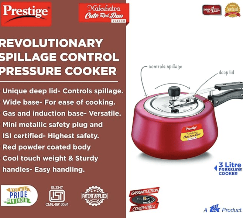 Prestige Nakshatra Cute Red Duo Svachh Aluminium Inner Lid Pressure Cooker 3.0 Litre (Powder Coated), Medium (10765)-4