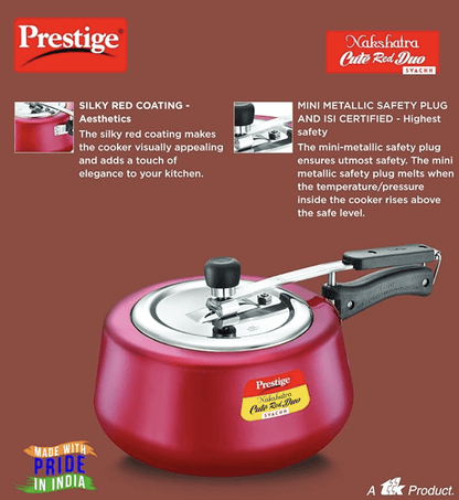 Prestige Nakshatra Cute Red Duo Svachh Aluminium Inner Lid Pressure Cooker 3.0 Litre (Powder Coated), Medium (10765)