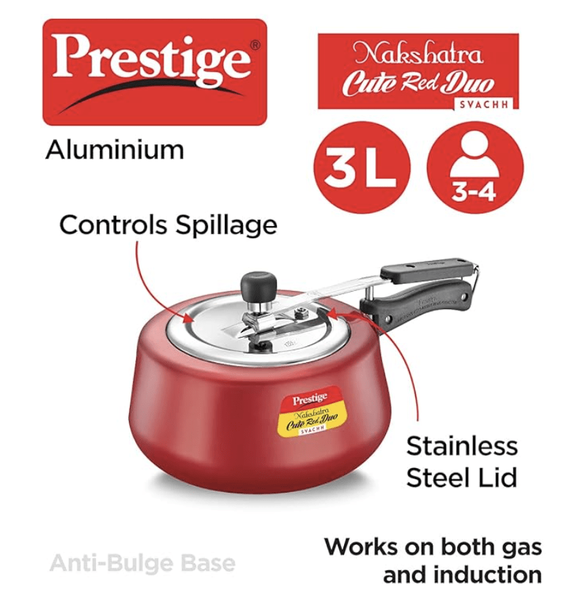 Prestige Nakshatra Cute Red Duo Svachh Aluminium Inner Lid Pressure Cooker 3.0 Litre (Powder Coated), Medium (10765)