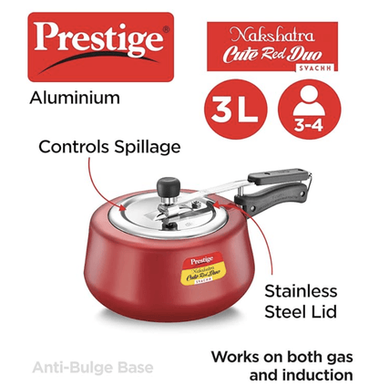Prestige Nakshatra Cute Red Duo Svachh Aluminium Inner Lid Pressure Cooker 3.0 Litre (Powder Coated), Medium (10765)