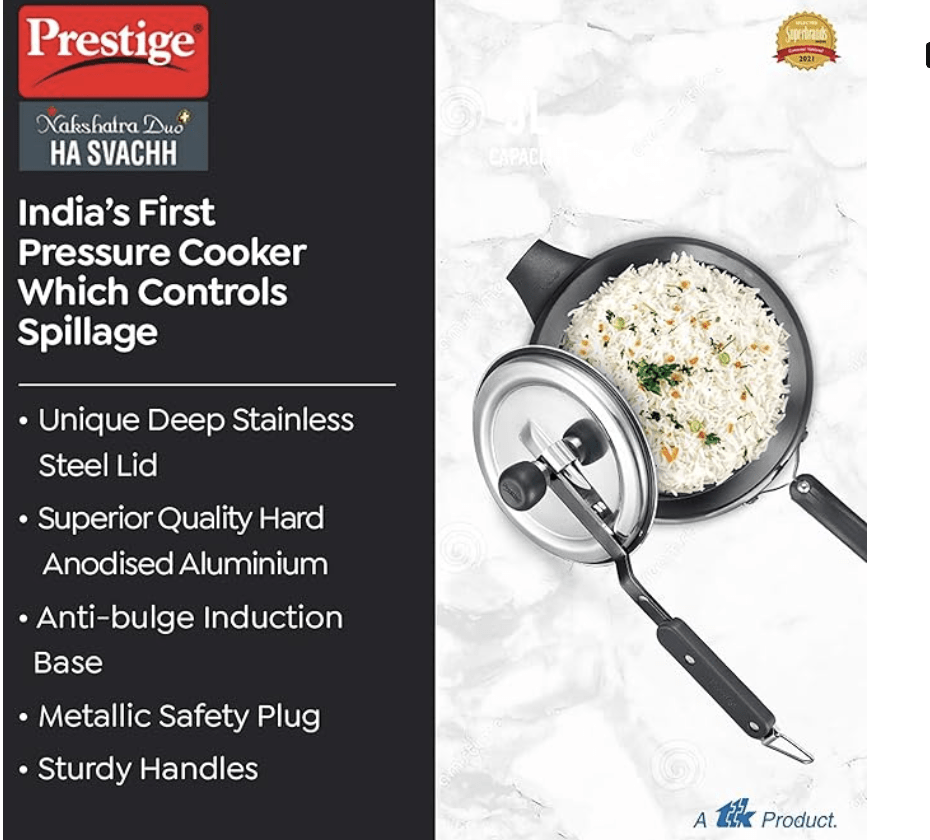 Prestige 5L Nakshatra Duo Plus Svachh Hard Anodised Pressure Cooker (Aluminium)|Gas & Induction compatible