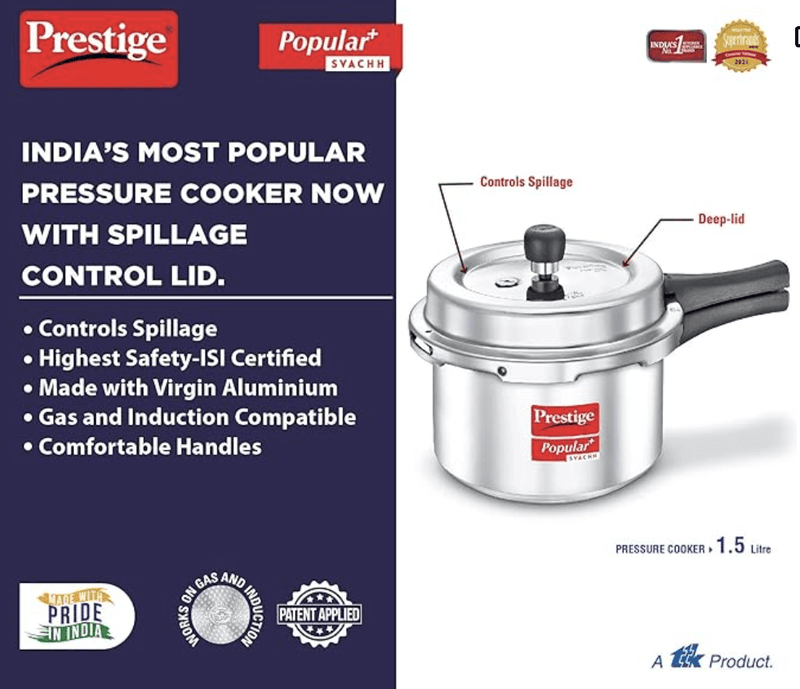 பிரெஸ்டீஜ் பாப்புலர் பிளஸ் ஸ்வச் விர்ஜின் அலுமினிய எரிவாயு மற்றும் தூண்டல் இணக்கமான வெளிப்புற மூடி பிரஷர் குக்கர், 1.5 லிட்டர் (வெள்ளி) -3