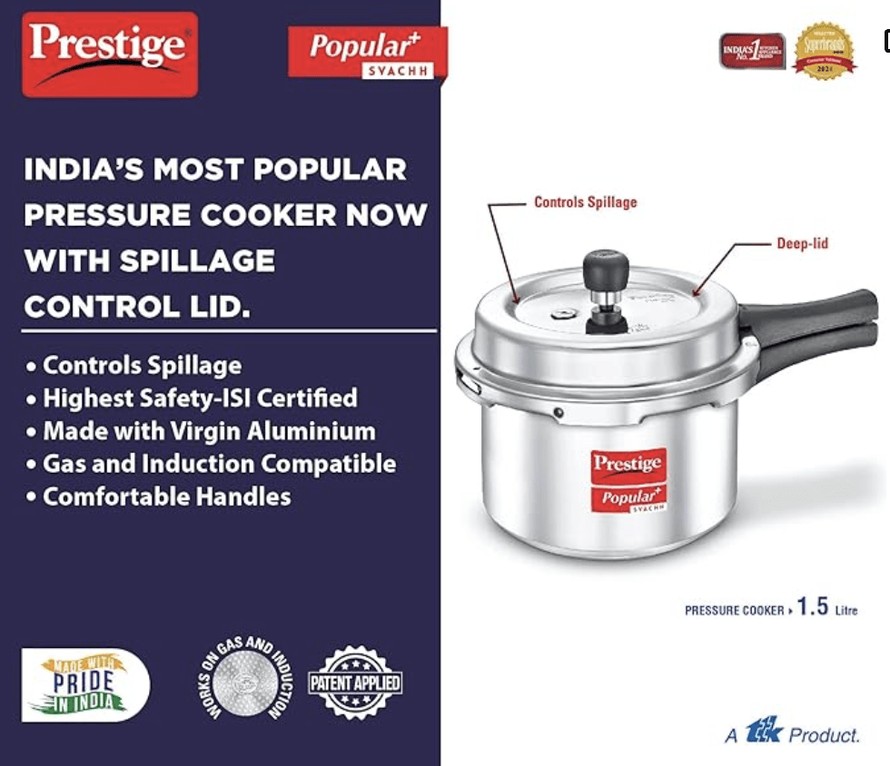 பிரெஸ்டீஜ் பாப்புலர் பிளஸ் ஸ்வச் விர்ஜின் அலுமினிய எரிவாயு மற்றும் தூண்டல் இணக்கமான வெளிப்புற மூடி பிரஷர் குக்கர், 1.5 லிட்டர் (வெள்ளி) -3