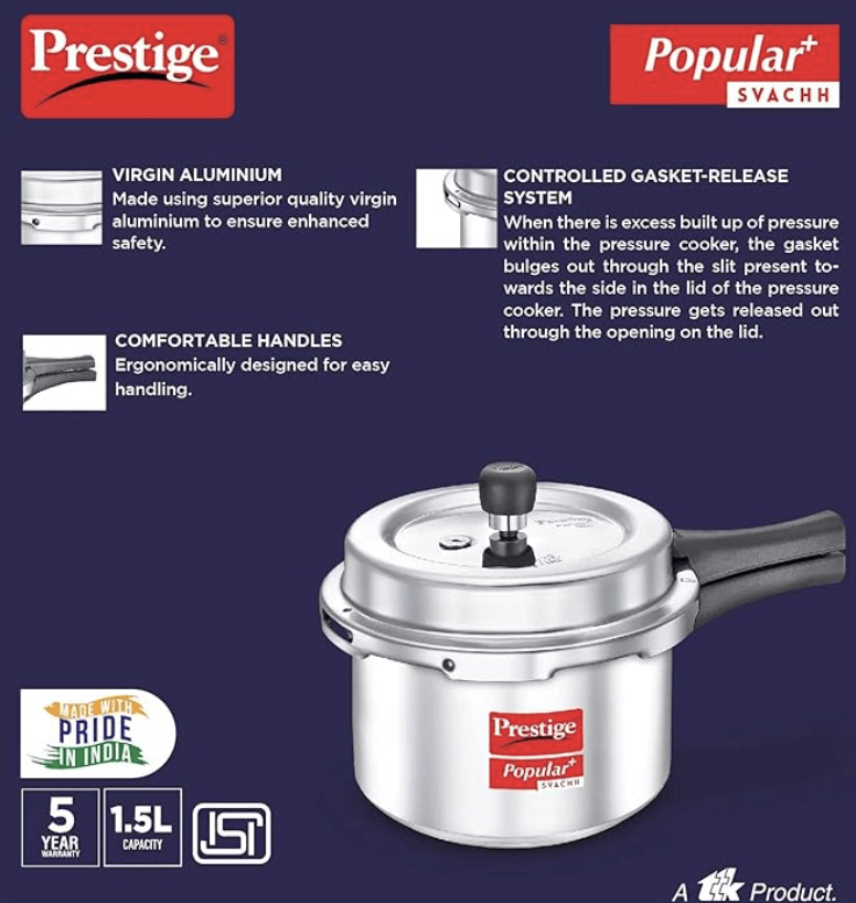 Prestige Popular Plus Svachh Virgin Aluminium Gas and Induction Compatible Outer Lid Pressure Cooker, 1.5 L (Silver)