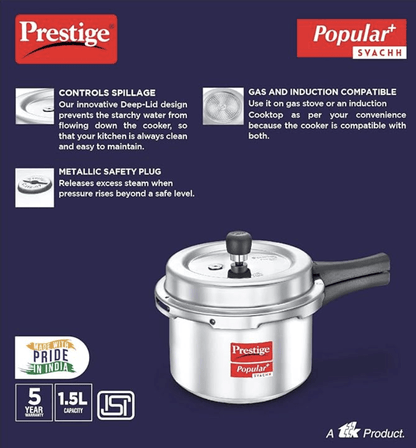 Prestige Popular Plus Svachh Virgin Aluminium Gas and Induction Compatible Outer Lid Pressure Cooker, 1.5 L (Silver)