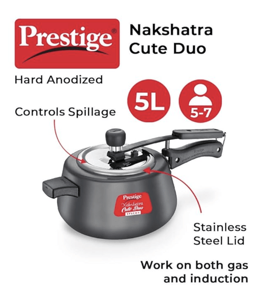 Prestige Nakshatra Cute Duo Svachh Hard Anodised Inner Lid Pressure Cooker, 5.0L (Black), 5 Liter