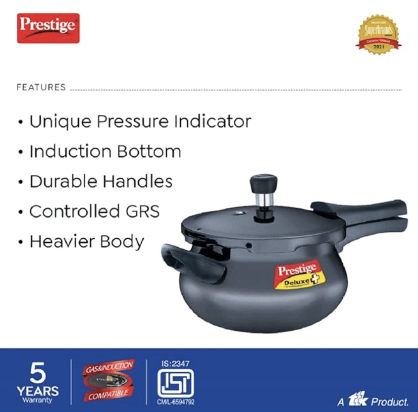 Prestige Deluxe Plus Hard Anodised Aluminium Outer Lid Pressure Cooker Handi, 3 Litre, Black, 3 Liter
