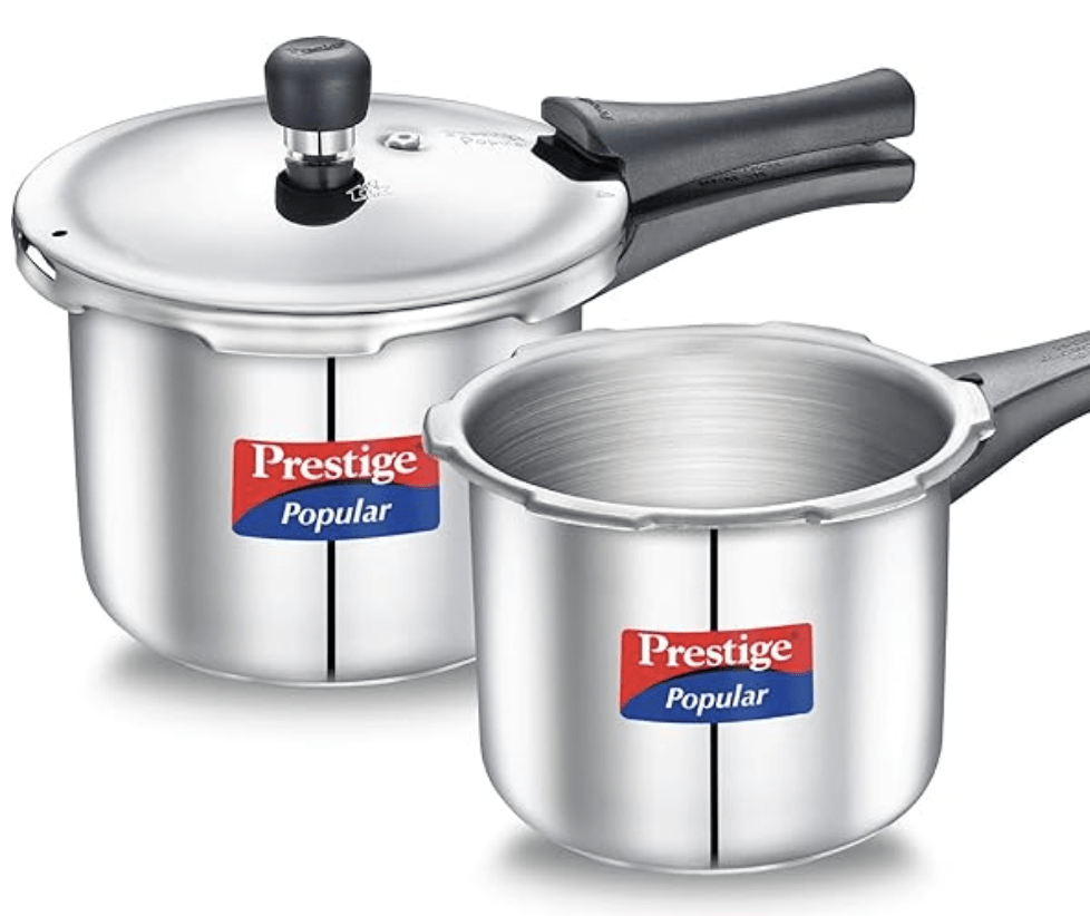 Prestige Popular 3L,2L stainless steel pressure cooker combo(1 lid)|Gas & induction compatible|Metallic Safety Plug|Controlled Gasket-Release System|5Y warranty