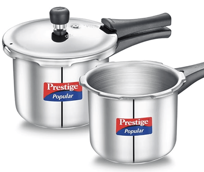 Prestige Popular 3L,2L stainless steel pressure cooker combo(1 lid)|Gas & induction compatible|Metallic Safety Plug|Controlled Gasket-Release System|5Y warranty