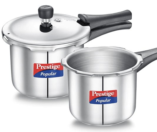 Prestige Popular 3L,2L stainless steel pressure cooker combo(1 lid)|Gas & induction compatible|Metallic Safety Plug|Controlled Gasket-Release System|5Y warranty