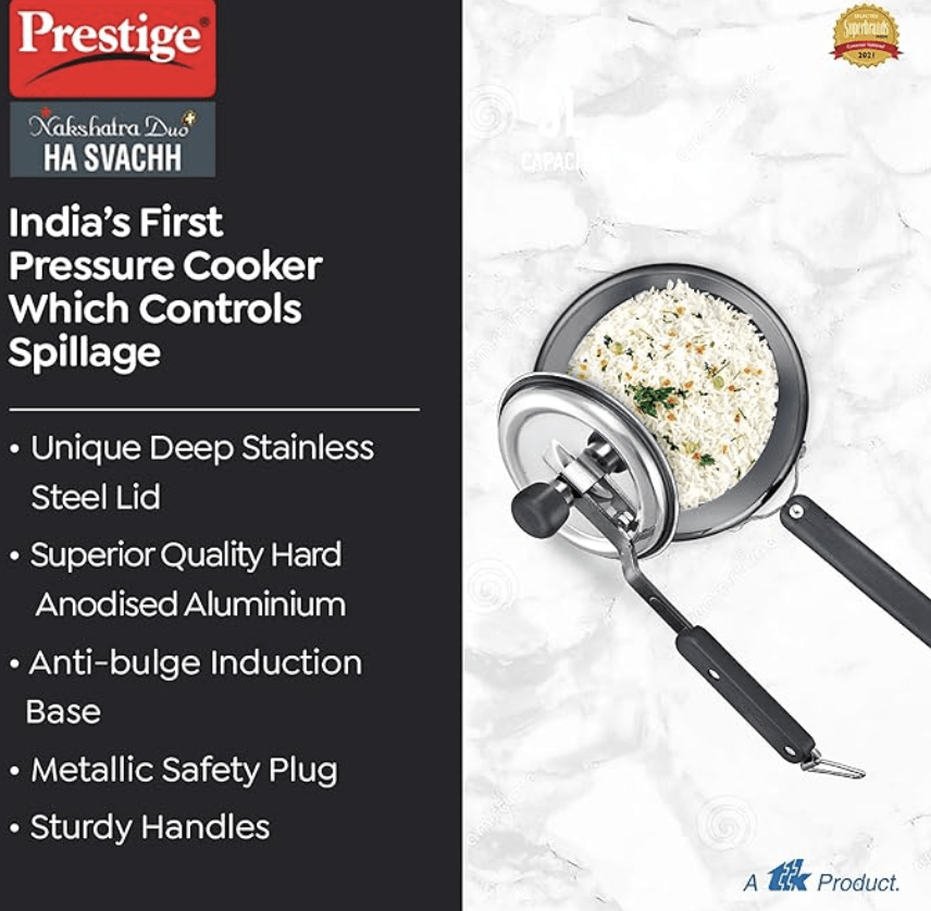 பிரெஸ்டீஜ் நட்சத்திரா டியோ பிளஸ் ஸ்வச் ஹார்ட் அனோடைஸ்டு அலுமினிய பிரஷர் குக்கர் 2.0 எல், கருப்பு 