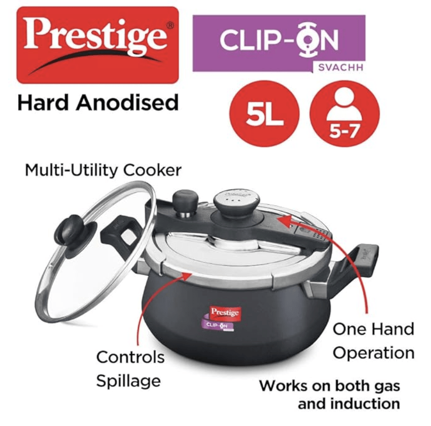 Prestige Svachh Clip-on 5 Litre Hard Anodised Aluminium Outer Lid Pressure Handi, Black