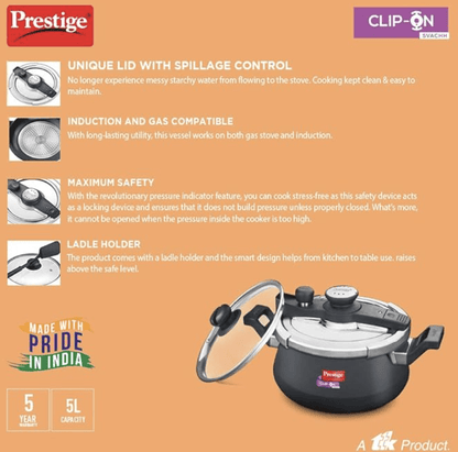 Prestige Svachh Clip-on 5 Litre Hard Anodised Aluminium Outer Lid Pressure Handi, Black