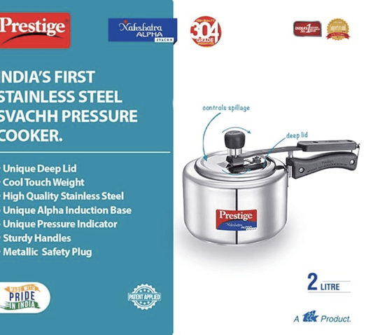 Prestige Svachh, 20244, 2 L, Nakshatra Alpha Straight Wall, with Deep Lid for Spillage Control (Silver, Inner Lid, Stainless Steel)