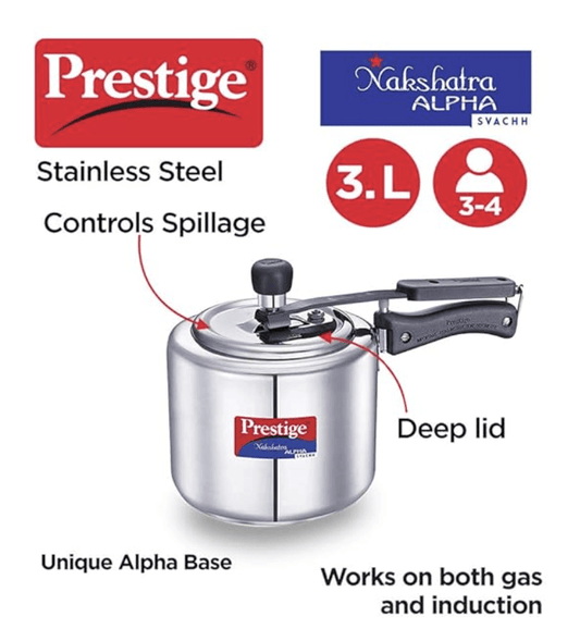 Prestige Svachh, 20245, 3 L, Nakshatra Alpha Straight Wall, with deep lid for Spillage Control (Inner Lid, Stainless Steel, Silver)