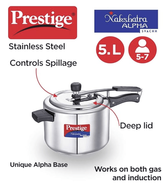 Prestige Svachh, 20246, 5 L, Nakshatra Alpha Straight Wall, with deep lid for Spillage Control (Inner Lid, Stainless Steel, Silver)