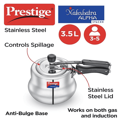 Prestige Svachh, 20257, 3.5 L, Nakshatra Alpha Svachh Handi, with deep lid for Spillage Control (Inner Lid, Stainless Steel, Silver)