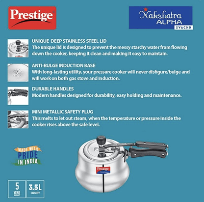 Prestige Svachh, 20257, 3.5 L, Nakshatra Alpha Svachh Handi, with deep lid for Spillage Control (Inner Lid, Stainless Steel, Silver)