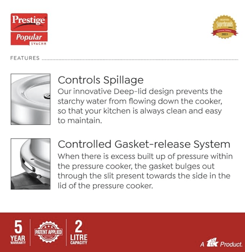 Prestige 2L Popular Svachh Aluminium Outer Lid Pressure Cooker|Ideal for 2-3 persons|Deep lid for Spillage Control|5 years warranty
