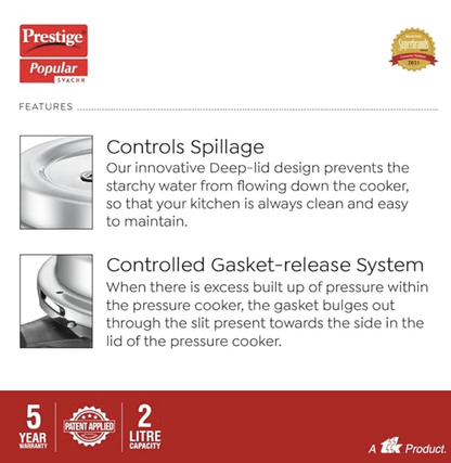 Prestige 2L Popular Svachh Aluminium Outer Lid Pressure Cooker|Ideal for 2-3 persons|Deep lid for Spillage Control|5 years warranty
