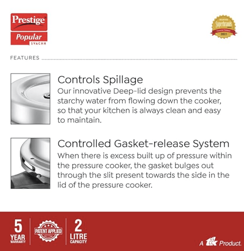 Prestige 2L Popular Svachh Aluminium Outer Lid Pressure Cooker|Ideal for 2-3 persons|Deep lid for Spillage Control|5 years warranty-3