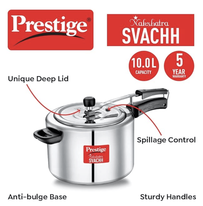 Prestige Nakshatra Svachh Aluminium Inner Lid Pressure Cooker with Unique Deep Lid for Spillage Control, 10 Litre, Silver