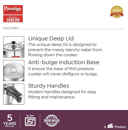 Prestige Nakshatra Svachh Aluminium Inner Lid Pressure Cooker with Unique Deep Lid for Spillage Control, 10 Litre, Silver