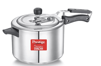 Prestige Nakshatra Plus Svachh Aluminium Inner Lid Pressure Cooker with Unique Deep Lid which Controls Spillage, 6.5 Litre, Silver
