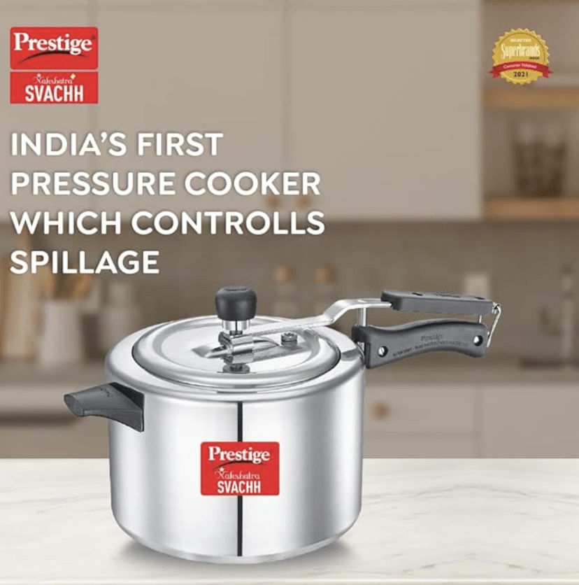Prestige Nakshatra Plus Svachh Aluminium Inner Lid Pressure Cooker with Unique Deep Lid which Controls Spillage, 6.5 Litre, Silver
