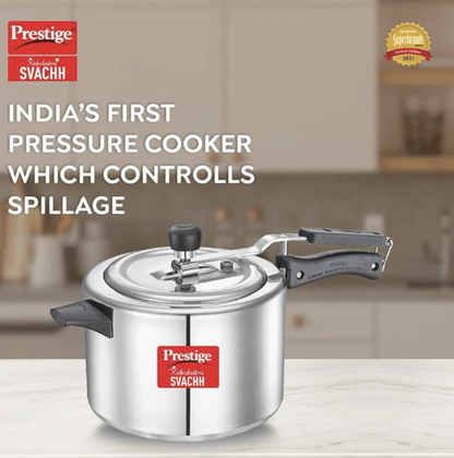 Prestige Nakshatra Plus Svachh Aluminium Inner Lid Pressure Cooker with Unique Deep Lid which Controls Spillage, 6.5 Litre, Silver