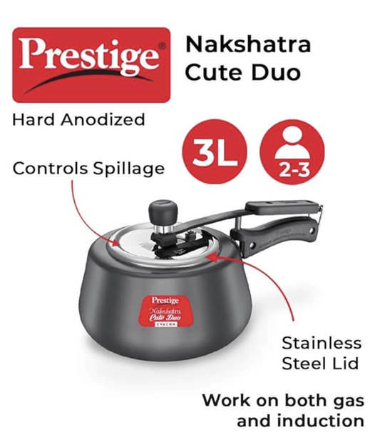 Prestige Svachh, 20260, 3 L, Nakshatra Cute Duo Hard Anodised, with Deep Lid for Spillage Control