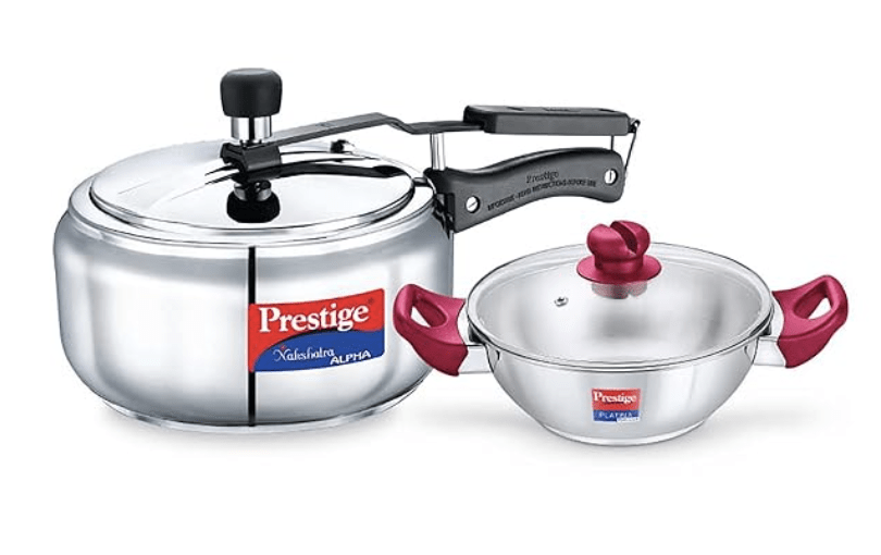 Prestige Nakshatra Alpha Gas and Induction Compatible Pressure Cooker (3.5 L) + Platina Popular Kadai with Glass Lid, 22 cm (2.25 L) Kitchen Set
