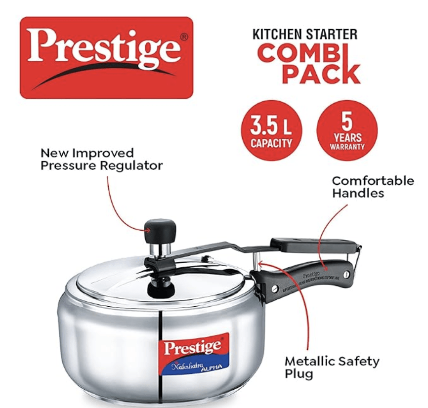 Prestige Nakshatra Alpha Gas and Induction Compatible Pressure Cooker (3.5 L) + Platina Popular Kadai with Glass Lid, 22 cm (2.25 L) Kitchen Set