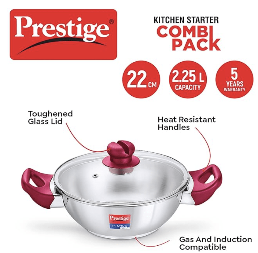 Prestige Nakshatra Alpha Gas and Induction Compatible Pressure Cooker (3.5 L) + Platina Popular Kadai with Glass Lid, 22 cm (2.25 L) Kitchen Set