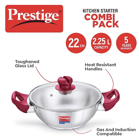 Prestige Nakshatra Alpha Gas and Induction Compatible Pressure Cooker (3.5 L) + Platina Popular Kadai with Glass Lid, 22 cm (2.25 L) Kitchen Set