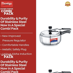 Prestige Nakshatra Alpha Gas and Induction Compatible Pressure Cooker (3.5 L) + Platina Popular Kadai with Glass Lid, 22 cm (2.25 L) Kitchen Set-4